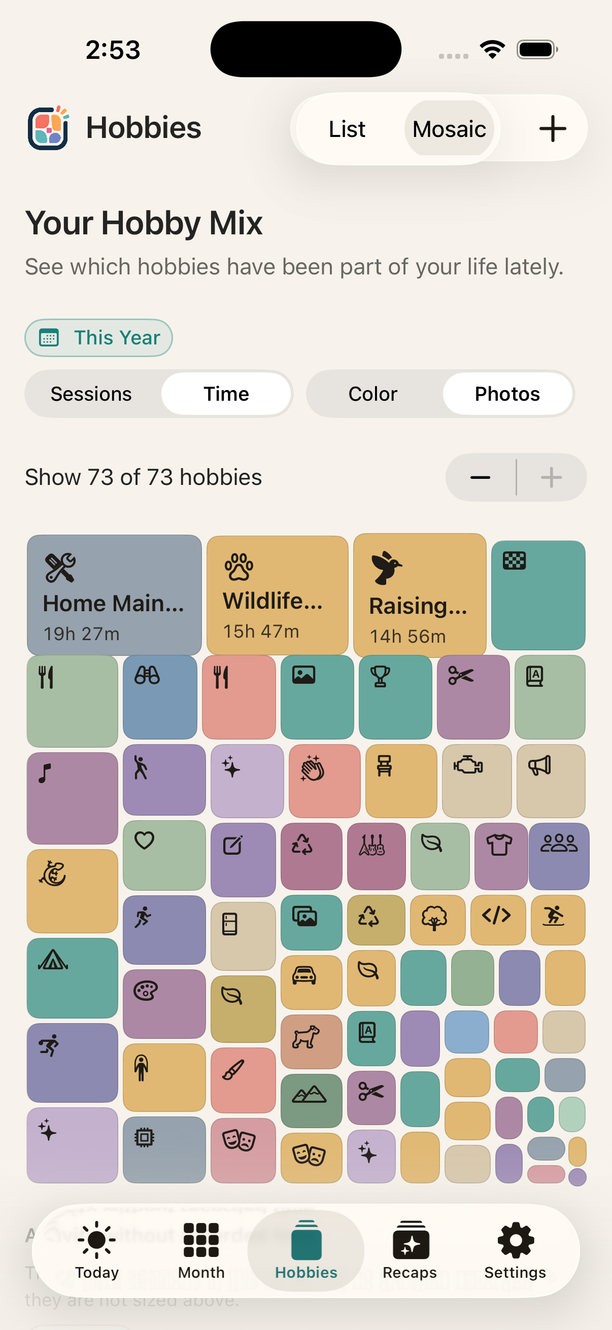 Hobby Tracker Hobby Mix mosaic showing hobbies as proportional colorful tiles.
