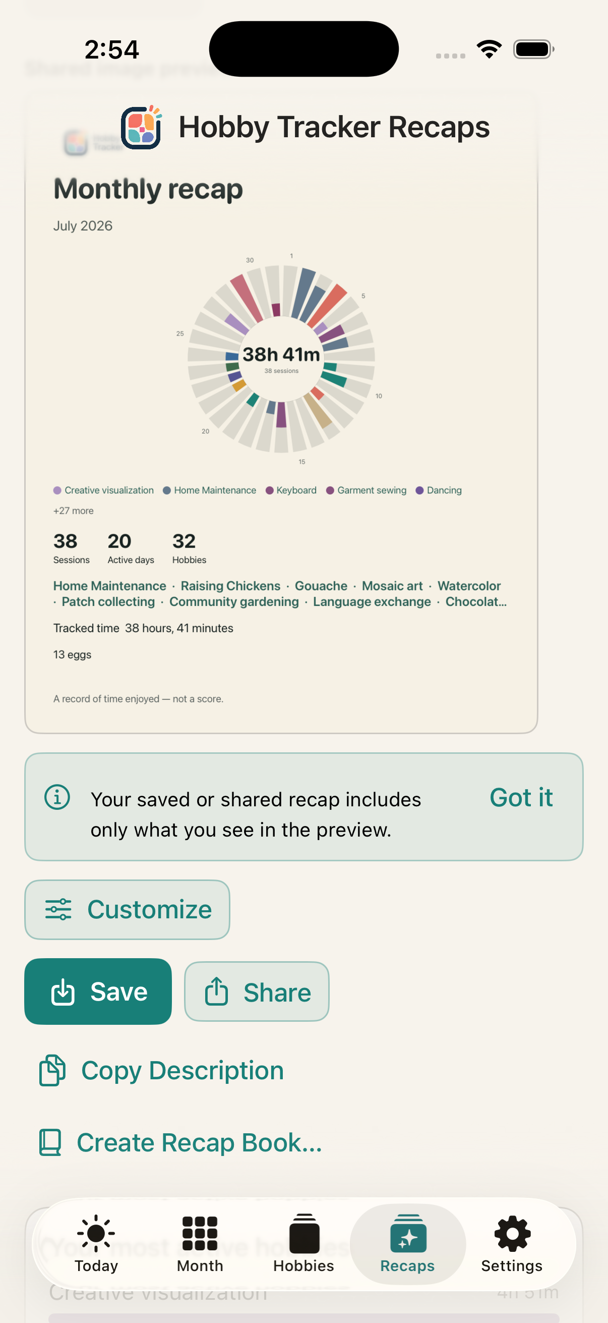 Hobby Tracker recap preview with controls to customize, save, share, or create a recap book.