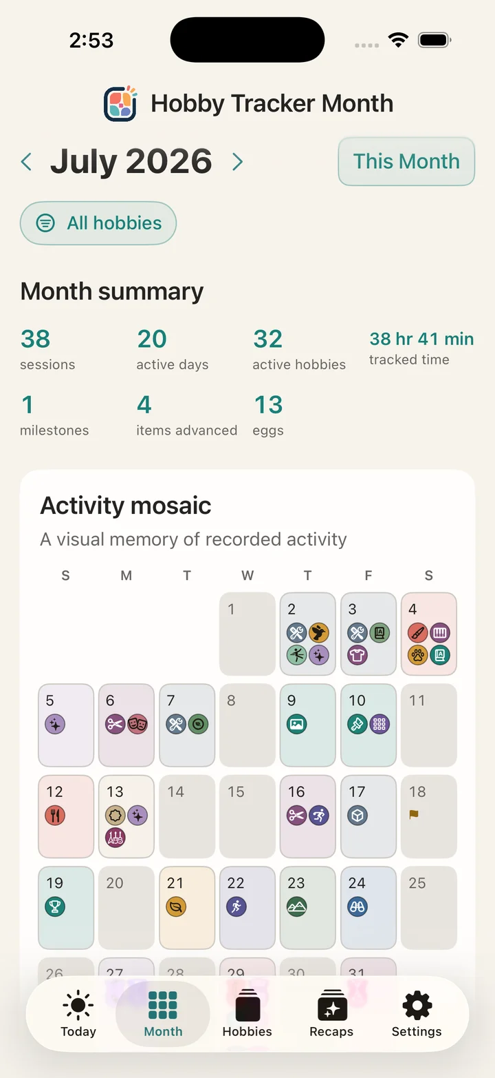 Monthly hobby activity calendar.