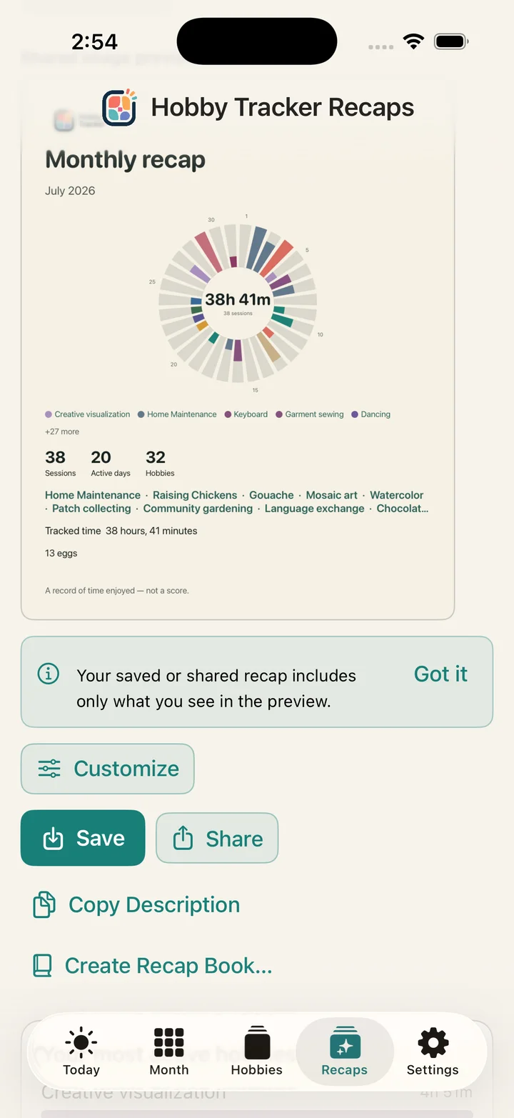 Hobby Tracker recap preview with controls to customize, save, share, or create a recap book.